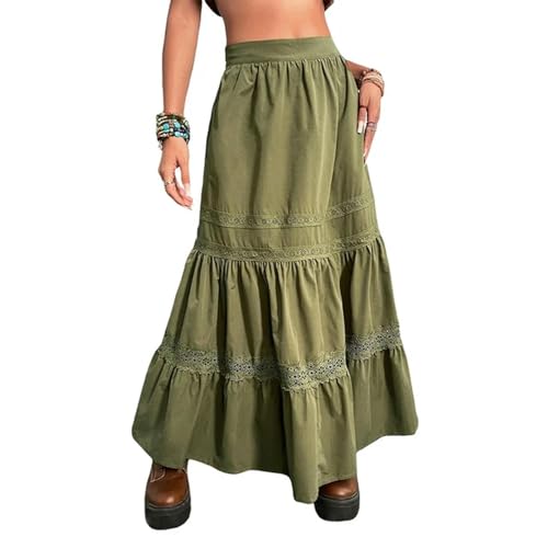 90er Jahre Grüne Faltenröcke Mode Urlaub Boho Hohe Taille Lange Röcke Y2K Fairycore Süße Spitzenbesatz Kleidung-grün-S von Generic