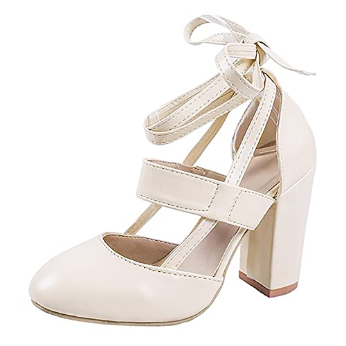 Absatzschuhe Damen Sandalen Elegant Chunky Bandage Runde Schuhe High Fashion Heel Heel Toe Out Damen Hohl Damen High Heels Damenschuhe 43 Pumps (Beige, 40) von Generic