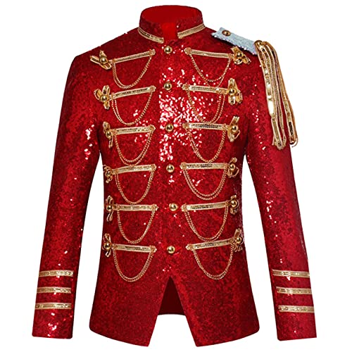 Anzugjacke mit Goldener Stickerei für Herren Hochzeits Bühnen Performance Blazer Court Prince Farbblock Blazer mit DREI Knöpfen (Rot,XL) von Generic