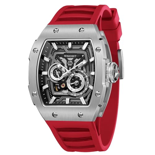 Automatische mechanische Tonneau Herren Armbanduhren Edelstahl Sport Stil Wasserdicht Saphir Kristall Gummi Austauschbare Armbanduhren, Silbernes Gehäuse, rotes Armband von Generic