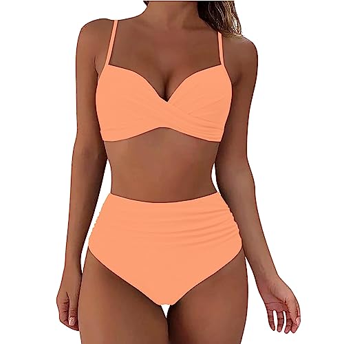 BBring Bikini-Sets Für Damen Damen-Bikini mit hoher Taille, sexy Push-up-Zweiteiler-Badeanzug, Vintage-Badeanzug, Zweiteiliger Retro-Bikini-Set mit gerüschtem Print und hoher Taille（E-Orange,XL von Generic