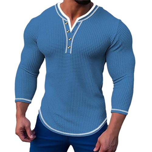 BBring Herren Longsleeve,Herren Shirt Langarm Mit Knopfleiste Herrenmode Herbst Casual Langarm Knopf Einfarbig Langarm T-Shirt Top (Blue, XXL) Oberteil Herren von Generic