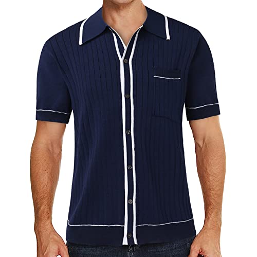 BBring Retro Hemden 70er,Kurzarm-Streifen-Strick-Poloshirt für Herren Vintage-Streifen-Button-Down-Golf-Poloshirts für Herren(A2-Navy, XL) Herren Poloshirt Cardigans von Generic