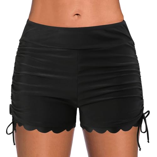 Badeshorts für Damen Schwarz High Waist Schwimmshorts Bauchkontrolle UPF50+ Badehose Damen Bauchweg Bademode Kurze Bikinihose Schwarz Strand Boardshorts Gym Sport Shorts Hotpants mit Schnürung von Generic