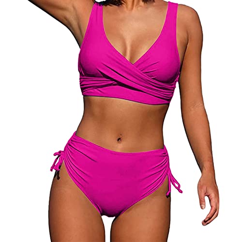 Bikini Damen GroßE Brüste Bauchweg Zweiteiliger Push Up Sexy Farbblockdruck Brustpolster Swimsuit Frauen Bikini Set Triangel Bikini Swimsuit Low Rise Zweiteiliger Badeanzug (22-Hot Pink, XXL) von Generic