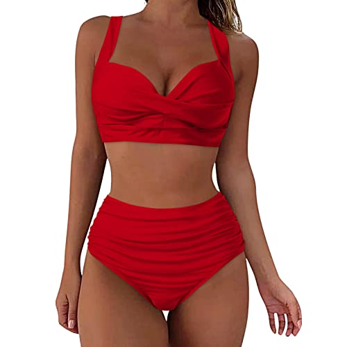 Bikini Damen Set Bauchweg Zweiteilige Badeanzüge Twist Front Sexy Push Up Oberteil Mit Badeshorts Hoher Taille Schwarz Schwimmanzug Swimsuit Vintage Badeanzug mit Plissiert Bikini-Sets Für Damen von Generic