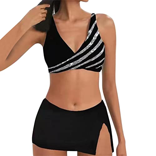 Bikini Set Damen Dreiteiliger Badeanzug für Damen mit hoher Taille Damen Badeanzug(A10-Schwarz,M) Tankini Damen Bauchweg Bikini Große Cups von Generic