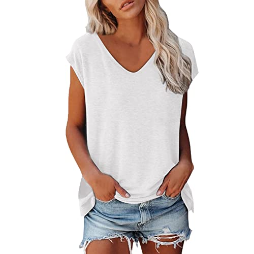 Bluse Damen Elegant Ärmellose T-Shirt V Ausschnitt Crop Tops Shirt Mädchen Weiß Oberteile Frauen Schwarz Kleidung Frau Grau Sommer Tshirt Lässig Klamotten Teenager Locker Passform (001-Weiß, XXL) von Generic