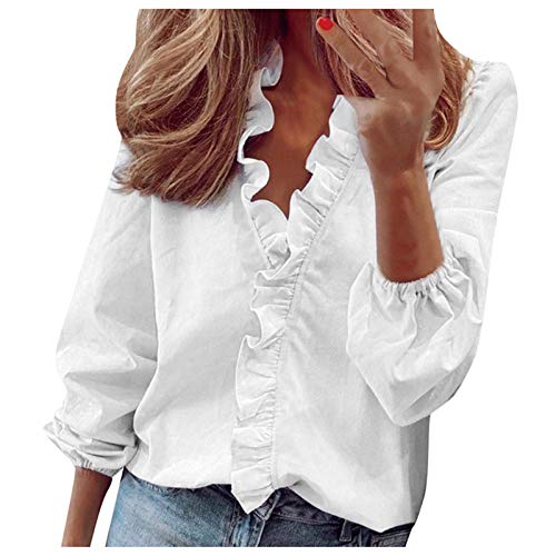 Bluse Damen Tshirt Damen Sommer Langarm Blusen T-Shirt Loose Oversize Shirt Einfarbig Casual Vintage 3D Bedruckt Asymmetrisch Oberteile Top mit Motiv Rüschen V-Ausschnitt Blumendruck T Shirt von Generic