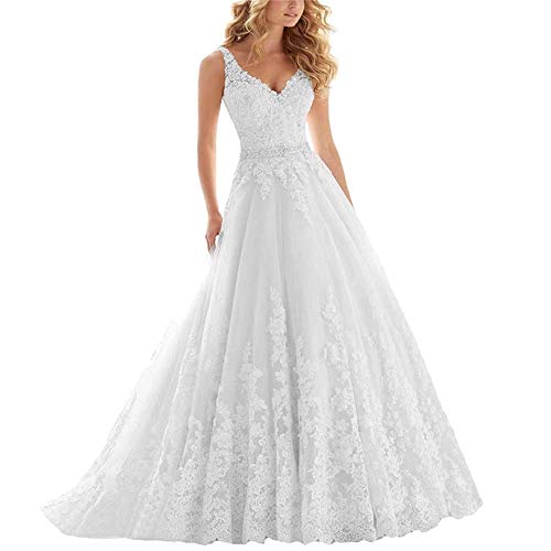 Braut Hochzeitskleid Frauen Doppelt Perlen Hochzeitskleid Ärmellose Spitzen Applikationen Brautkleid für Braut Vintage Bodenlange Weiße Us12 (Weiß Us14), Weiss, US18W von Generic