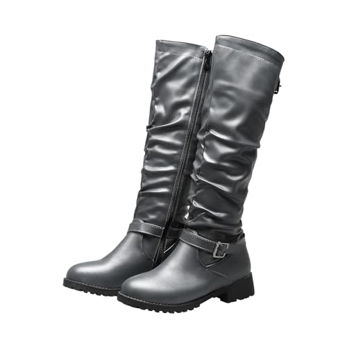 Cowboystiefel Boots Damen Modische Mode-Stiefel mit mittlerer Gürtelschnalle, runder Zehenpartie, niedrigem Absatz und seitlichem Reißverschluss (Grey, 38) von Generic