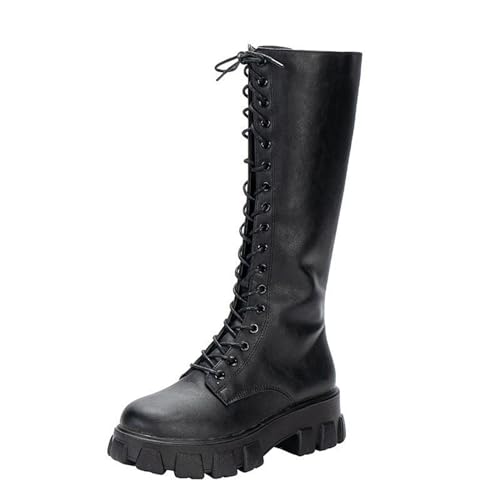 Cowboystiefel Boots Damen Modische britische Damen-Stiefel aus massivem mit Schnürung und seitlichem Reißverschluss und modischer Plateausohle (Black, 35) von Generic