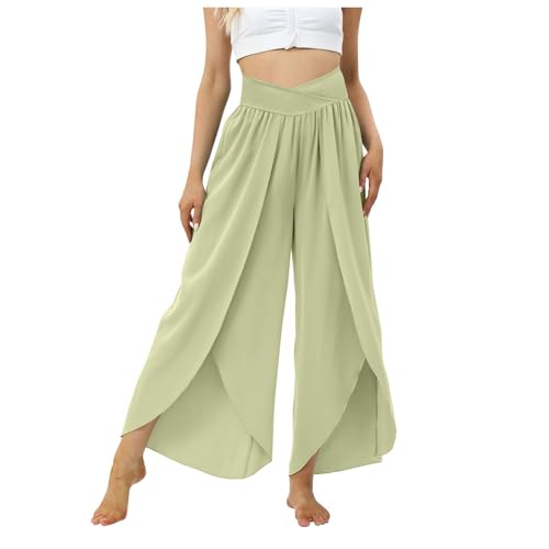 Culottes Hosen Damen Leichte Sommerhose Damen Wickelhose mit Schlitz Weites Bein Rüschen Hose Damen Sommer Yogahose Leicht Luftige Sommerhosen Plissee Bequeme Sporthose Frauen Fitness Stretchhose von Generic