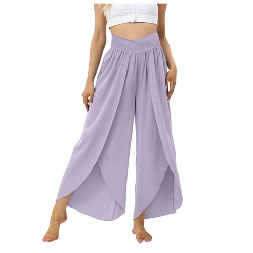 Culottes Hosen Damen Leichte Sommerhose Damen Wickelhose mit Schlitz Weites Bein Rüschen Hose Damen Sommer Yogahose Leicht Luftige Sommerhosen Plissee Bequeme Sporthose Frauen Fitness Stretchhose von Generic