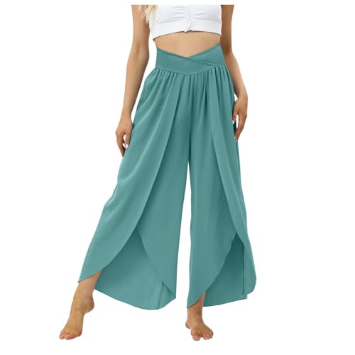 Culottes Hosen Damen Leichte Sommerhose Damen Wickelhose mit Schlitz Weites Bein Rüschen Hose Damen Sommer Yogahose Leicht Luftige Sommerhosen Plissee Bequeme Sporthose Frauen Fitness Stretchhose von Generic