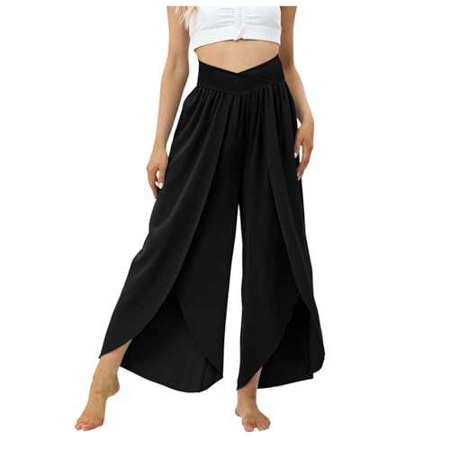 Culottes Hosen Damen Leichte Sommerhose Damen Wickelhose mit Schlitz Weites Bein Rüschen Hose Damen Sommer Yogahose Leicht Luftige Sommerhosen Plissee Bequeme Sporthose Frauen Fitness Stretchhose von Generic