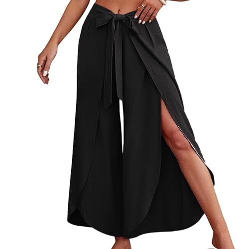 Culottes Hosen Damen Leichte Sommerhose Damen Wickelhose mit Schlitz Weites Bein Rüschen Hose Damen Sommer Yogahose Leicht Luftige Sommerhosen Plissee Bequeme Sporthose Frauen Fitness Stretchhose von Generic