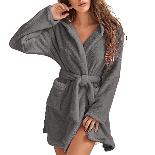 Damen Bademantel kurz mit Kapuze - Decke Pyjama Damen Kapuze Fleece Bademantel Leicht Weich Plüsch Kurz Flanell Nachtwäsche Plüsch Damen Flauschiger Saunamantel Morgenmantel (Grau,M) von Generic