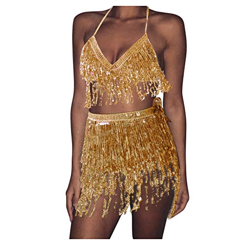 Damen Bauchtanz Kostüm Quaste Pailletten Rock Set, sexy Pailletten Tanz Set Neckholder Oberteil Hüfttuch Rock Kostüm Anzüge, Fransenrock Club Latin Indian Belly Dance Rave Hüftrock (Gold, One Size) Damen Bauchtanz Kostüm Quaste Pailletten Rock Set, sexy Pailletten Tanz Set Neckholder Oberteil Hüfttuch Rock Kostüm Anzüge, Fransenrock Club Latin Indian Belly Dance Rave Hüftrock (Gold, One Size) von Generic