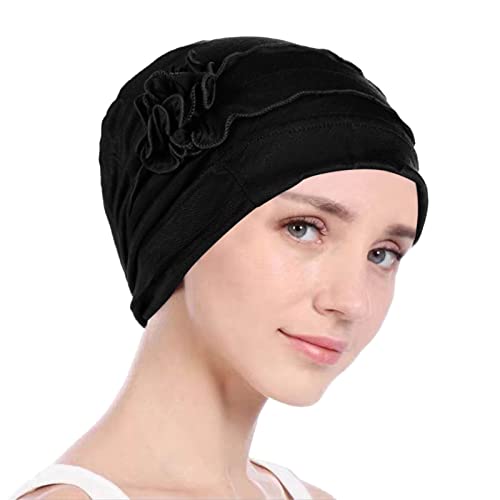 Damen Beani Mütze Herbst Winter Chemo Hut Frauen Muslim Chiffon Hijab Kopftuch Beani mit Blumen Muslimischen Warme Wintermütze Chemo Hut Black von Generic