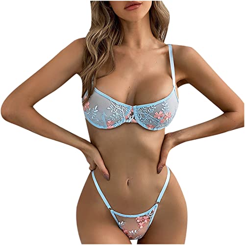 Damen Dessous Set, String Tanga Ouvert Slip,Damen Dessous Set Reizwäsche Spitzen Teddy Unterwäsche Strapsen Nachthemd Lingerie Babydoll für Frauen Light Blue z9 S 34 von Generic