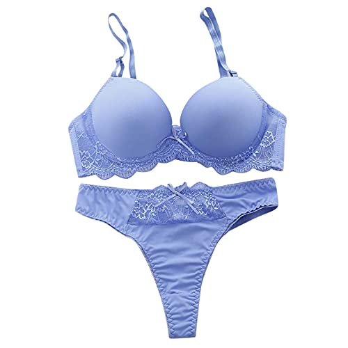 Damen Exotische Dessous Sets Durchsichtig Spitzenbesatz Sexy Push Up BH und Panty Sets Zweiteilige Babydoll Unterwäsche Anzüge Dessous Set, blau, 80B von Generic