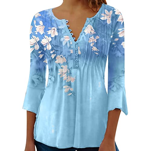 Damen Falten Tunika 3/4 Arm Elegante V-Ausschnitt Knopfleiste Bluse Lässig Lose Blumen Oberteile Top Trompetenärmel Longshirt Sommer Herbst Damen T-Shirt Tops von Generic