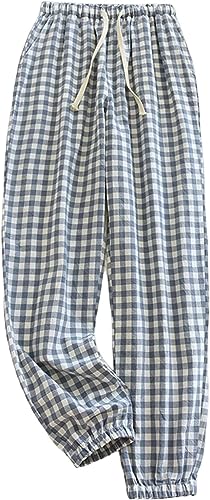 Damen Freizeithose Lang Karierte Schlafanzughose Damen Lang Schlafanzug Pyjamahose Nachtwäsche Freizeithose Strandhose Baumwolle Pyjama Loungehose mit Taschen Kordelzug Hose Haushose (Blau,L) von Generic