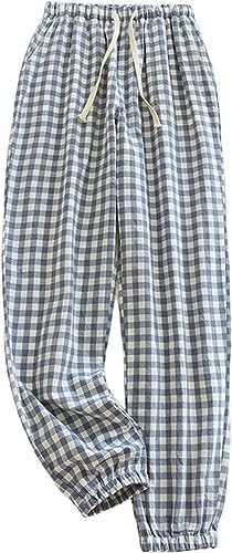 Damen Freizeithose Lang Karierte Schlafanzughose Damen Lang Schlafanzug Pyjamahose Nachtwäsche Freizeithose Strandhose Baumwolle Pyjama Loungehose mit Taschen Kordelzug Hose Haushose (Blau,S) von Generic