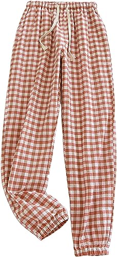 Damen Freizeithose Lang Karierte Schlafanzughose Damen Lang Schlafanzug Pyjamahose Nachtwäsche Freizeithose Strandhose Baumwolle Pyjama Loungehose mit Taschen Kordelzug Hose Haushose (Rosa,L) von Generic