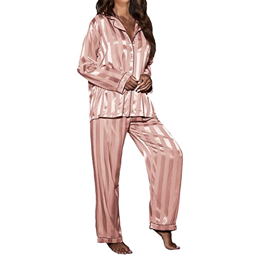 Damen Gestreiftes Revers Satin Langarm Seide Damen Pyjama Damen Pyjama Hosen Set Damen Baumwolle Pyjama Damen Pjs Sets Baumwolle Weiche Süße Nachtwäsche Frauen Pyjama Hosen Set Bequem, rose, 42 von Generic