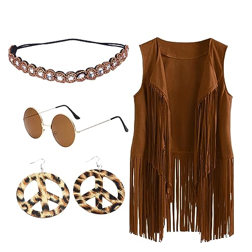Damen Hippie-Hosen-Set, Hippie-Kostüm Damen mit Hippie-Weste, Hippie-Hosen, Hippie-Brille und Hippie-Accessoires für Karneval, 70er-Jahre-Kostüm, Frau, Cosplay Damen Hippie-Hosen-Set, Hippie-Kostüm Damen mit Hippie-Weste, Hippie-Hosen, Hippie-Brille und Hippie-Accessoires für Karneval, 70er-Jahre-Kostüm, Frau, Cosplay von Generic