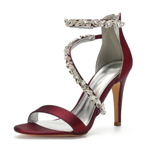Damen Hoher Pfennigabsatz Kleid Pumps Mit Reißverschluss Knöchelriemen Hochzeit Sandalen Mit Strass Offene Zehen Satin Brautschuhe,Burgundy,42 EU Damen Hoher Pfennigabsatz Kleid Pumps Mit Reißverschluss Knöchelriemen Hochzeit Sandalen Mit Strass Offene Zehen Satin Brautschuhe,Burgundy,42 EU von Generic