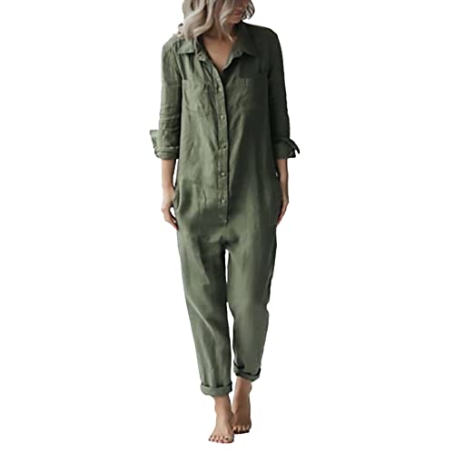 Damen Jumpsuit Langarm Casual Jumpsuits Sommer Baumwolle Leinen Overall Für Frauen UK Knopf Haremshose, grün, 42 von Generic