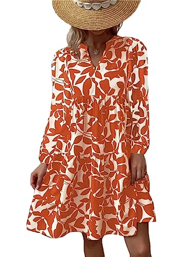 Damen Kleid Knielang Strandkleid Lange Ärmel Swing Tunika Lässiges Kleider Sommer lockeres Kleid Blumendruck V-Ausschnitt Strandkleid Minikleid Sexy Elegant Boho Frauen Blusenkleid (3XL,CX-Orange) von Generic