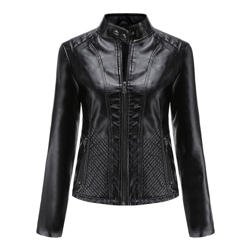 Damen Kunstlederjacke mit Reißverschluss Dünner Stehkragen Schlanke Klassische Motorrad Bikerjacken Mäntel XS-2XL (Farbe : Schwarz, Größe : XL) von Generic