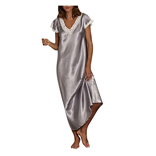 Damen Kurzarm V-Ausschnitt Homewear Pyjama Langes Kleid Nachthemden Nachtwäsche Nachthemd Baumwolle, 1-grau, 54 von Generic