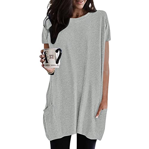 Damen Lang Shirt Rundhals Kurzarm Oberteil Einfarbig T-Shirt Tunika Loose Casual Kurzarmshirt mit Tasche Elegant Pullover Sweatshirt Lässig Tops Rundkragen Oversize Longshirt von Generic