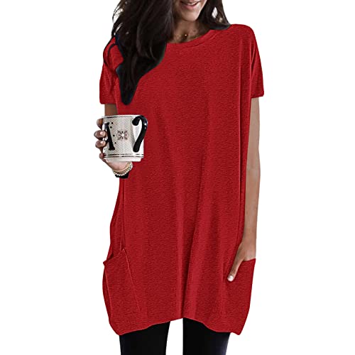 Damen Lang Shirt Rundhals Kurzarm Oberteil Einfarbig T-Shirt Tunika Loose Casual Kurzarmshirt mit Tasche Elegant Pullover Sweatshirt Lässig Tops Rundkragen Oversize Longshirt von Generic