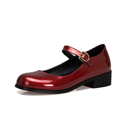 Damen-Leder-Loafer zum Hineinschlüpfen für Arbeit, Schule, Student, Bootsschuhe, runder Kopf, hohe Absätze, Wanderschuhe, leicht, rutschfest, Flache Pumps, Absatz 4,5 cm (Rot 3 UK) von Generic