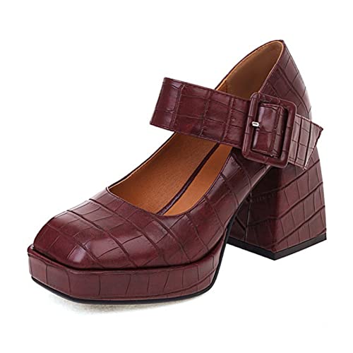 Damen-Leder-Loafer zum Hineinschlüpfen für die Arbeit, Schule, Student, Bootsschuhe, quadratischer Kopf, High Heel, Wanderschuhe, leicht, rutschfest, Flache Pumps, Absatz 9 cm (Rot 5.5 UK) von Generic