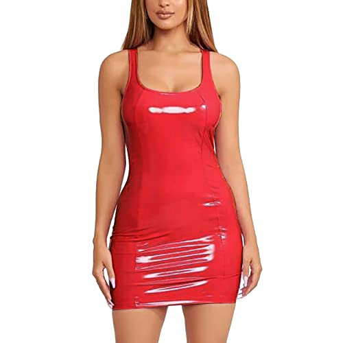 Damen Lederkleid Sexy Kleid Mode Frauen solide U-Ausschnitt ärmellose Mini Tasche Hip Nachtclub Kleid Bleistiftkleid Club Party Bodycon Minikleid (Red, XL) von Generic