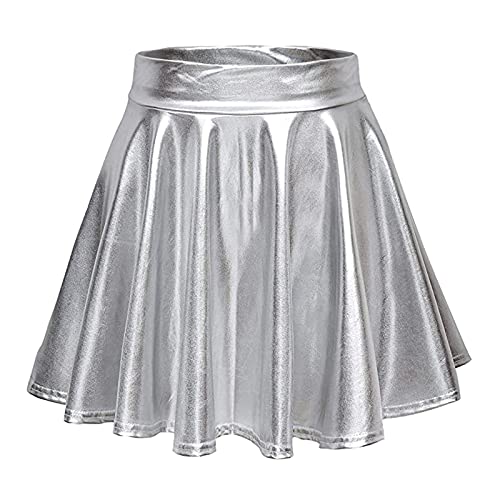 Damen Metallischer Faltenrock Mini Skater Rock PU Lederrock Sexy Hohe Taille A-Linie Silber Rock Karneval Metallic Y2K Tennisrock Tanzrock Rave Party Club Kostüme von Generic