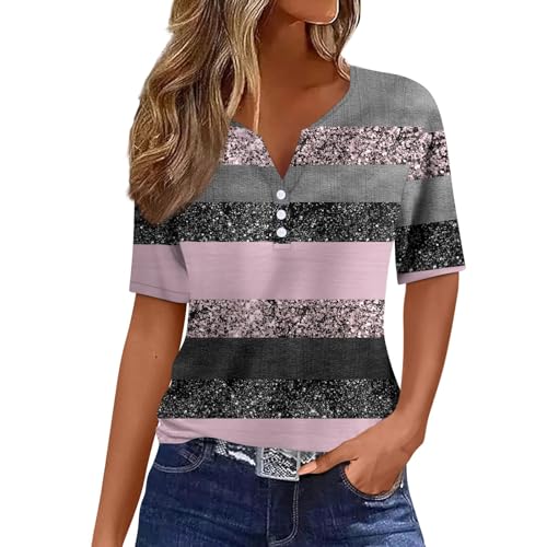 Generic Damen Mit Print Sommer Tshirt Lässiges Farbblock-/Farbverlaufs-Knopf-T-Shirt, lockere, Bequeme Kurzarm-Tops mit V-Ausschnitt von Generic