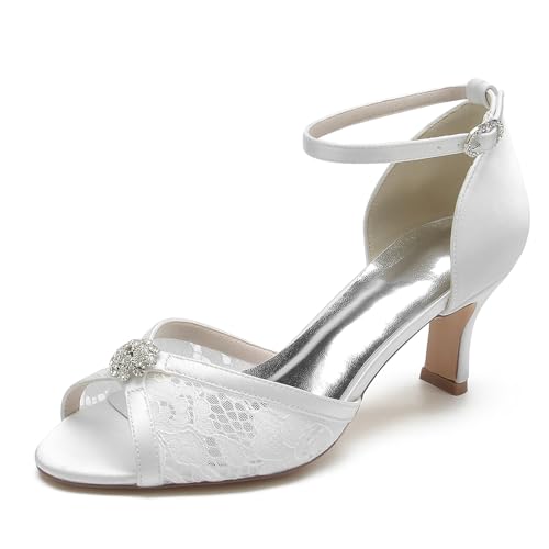 Damen Niedrige Kätzchenabsatz Elegante Hochzeitsschuhe Verstellbarer Knöchelriemen Brautschuhe Spitze Peeptoe Abend Party Sandalen Mit Strass,Weiß,36 EU Damen Niedrige Kätzchenabsatz Elegante Hochzeitsschuhe Verstellbarer Knöchelriemen Brautschuhe Spitze Peeptoe Abend Party Sandalen Mit Strass,Weiß,36 EU von HQINGAXU