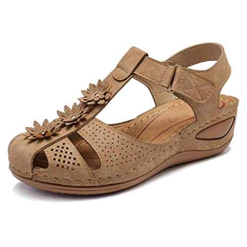 Damen Orthopädische Sandalen 2024,Badelatschen Sommer Blumenstickerei Freizeit Schuhe Keilsandalen,Casual mit Einlegesohle Leichte Hausschuhe, rutschfeste Bequem Plateau Sandaletten (Beige, 37) von Generic