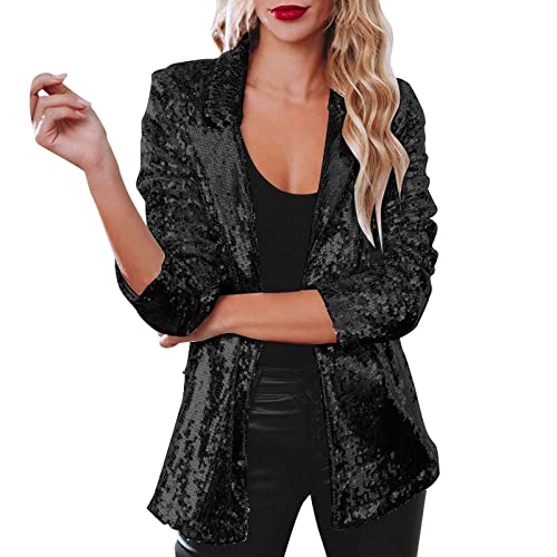 Damen Pailletten Blazer mit Glitzer Langarm Bomberjacke Slim Fit Pailletten Jacke Elegant Kurz Sakko Einfarbig Blazermantel Party Cardigan Tops Teenager Mädchen Streetwear Glänzend Jacke Casual von Generic