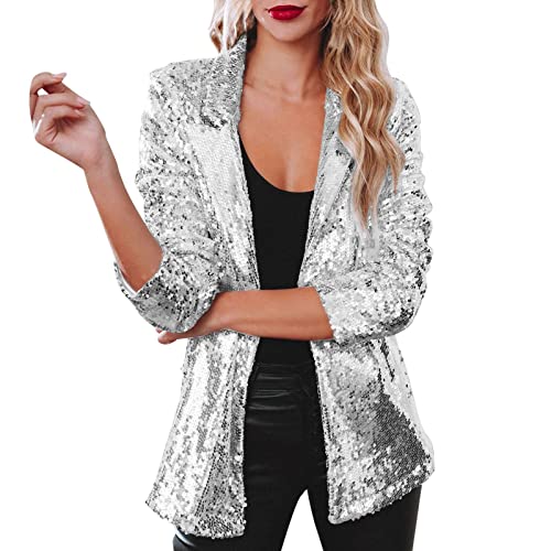 Damen Pailletten Blazer mit Glitzer Langarm Bomberjacke Slim Fit Pailletten Jacke Elegant Kurz Sakko Einfarbig Blazermantel Party Outwear Cardigan Tops Teenager Mädchen Streetwear (03-Silver, XL) von Generic