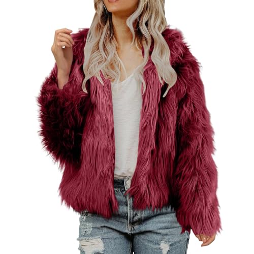 Damen Plüschjacke Kunstpelzjacke mit Kapuze Warme Winterjacke Elegant Pelzjacke Wintermantel Faux Fur Kapuzenjacke Einfarbig Kunstpelz Outwear Thermo Hooded Winterparka Felljacke (Red, S) von Generic