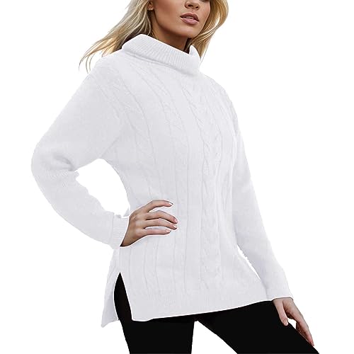 Damen Pullover Elegant Rollkragen Strickpullover Lang Gestrickt Pulli Herbst Winter Einfarbig Oberteile Tops Mit Zopfmuster Mode Lose Casual Sweatshirts Sweater Winterpullover von Generic